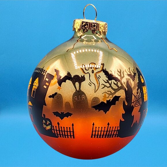 Halloween Haunted House Orange Glass Ball Ornament with Bats & Pumpkins - Picture 5 of 8
